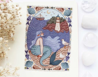 Mermaid Looking At A Lighthouse Waterproof Matt Vinyl Sticker | Journal Sticker, Planner, Witchy Sticker, Magical, Witchy, Celestial