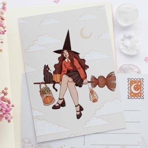 Strega su una scopa cartolina A6 / biglietto di auguri, album di ritagli, amico di penna, cartolina accogliente, magico, strega, Halloween, autunno