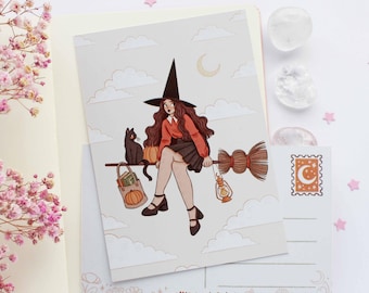 Witch On A Broom Postcard A6  | Greeting Card, Scrapbook, Penpal, Cozy Postcard, Magical, Witch, Halloween, Autumn