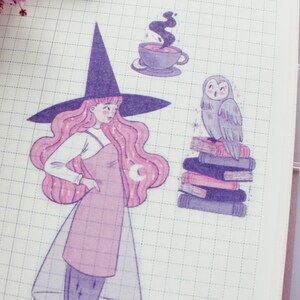 May include: A pink witch with a purple hat and long hair stands on a gridded background. She is holding a wand in her right hand. A gray owl sits on a stack of purple books. A purple cup of tea with steam rising from it is in the upper right corner.