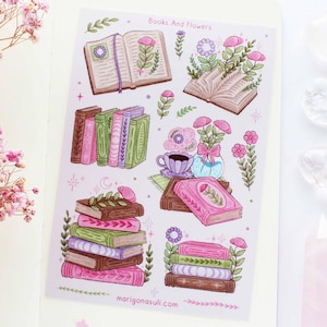 Boeken en bloemen roze mat vinyl waterdicht stickervel | Dagboekstickers, plakboek, planner, heks, magisch, lezen, leesgrage