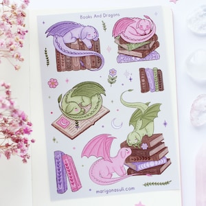 Hoja de pegatinas de vinilo mate de Libros y Dragones / Pegatinas para diario, pegatinas para álbumes de recortes, pegatinas para planificadores, Brujería, Magia, Fantasía