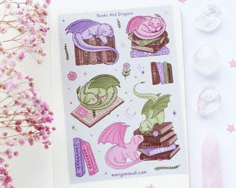Hoja de pegatinas de vinilo mate con diseño de libros y dragones / Pegatinas para diarios, álbumes de recortes, agendas, estilo brujería, magia y fantasía.