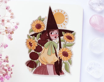Sunflower Witch Waterproof Matt Vinyl Sticker | Journal Sticker, Planner, Witchy Sticker, Magical, Witchy, Summer