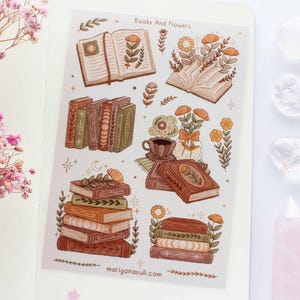 Boeken en bloemen bruin mat vinyl waterdicht stickervel | Dagboekstickers, plakboek, planner, heks, magisch, lezen, leesgrage