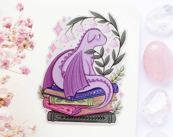 Purple Dragon And Books Waterproof Matt Vinyl Sticker | Journal Sticker, Planner, Witchy Sticker, Magical, Witchy, Celestial
