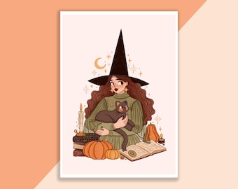 Herfstheksenprint | Poster, Wanddecoratie, Kunstwerk, Heksenposter, Heksenillustratie, Herfst, Magisch, Halloween