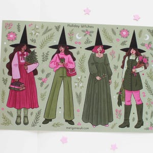 Foglio di adesivi in vinile opaco Holiday Witches / Adesivi per diario, adesivi per album, adesivi per planner, streghe, accoglienti, invernali, festosi, natalizi