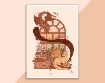 Dragons In Front Of A Window Print | Poster, Wall Decor, Artwork, Witch Poster, Witchy Illustration, Autumn, Magical, Dragon, Baking, Cozy