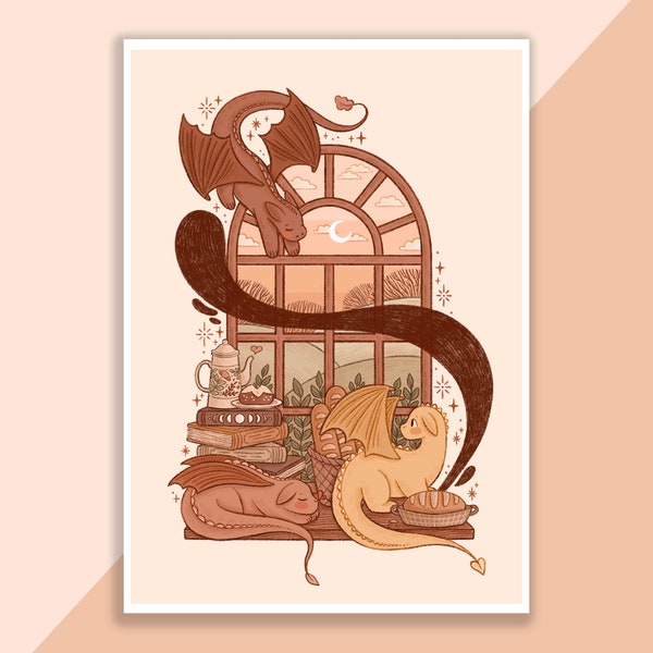 Dragons In Front Of A Window Print | Poster, Wall Decor, Artwork, Witch Poster, Witchy Illustration, Autumn, Magical, Dragon, Baking, Cozy