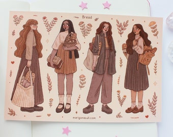 Bread Girls Matt Vinyl Sticker Sheet | Journal Stickers, Scrapbook Sticker, Planner Stickers, Witchy, Witch, Fall, Bakery, Food, Autumn