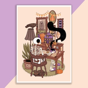 Skully The Book Loving Skeleton At His Schreibtisch Druck | Poster, Wanddekor, Kunstwerk, Hexenposter, Witchy Illustration, Herbst, Halloween