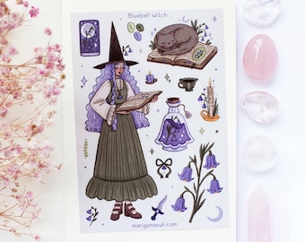 Bluebell Witch Matt Vinyl Waterproof Sticker Sheet | Journal Stickers, Scrapbook, Planner, Witchy, Magical, Fairy Tale, Celestial