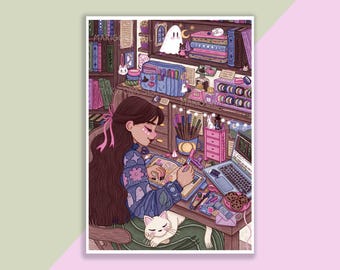 Cozy Journaling Print | Poster, Wall Decor, Artwork, Witch Poster, Witchy Illustration, Magical, Books, Stationery, Journaling