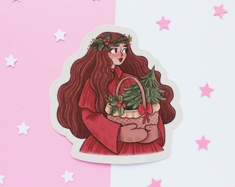 Cosy Christmas Girl Sticker | Journal Sticker, Planner Sticker, Scrapbook Sticker, Witchy Sticker, Magical, Winter, Holidays, Cats, Books