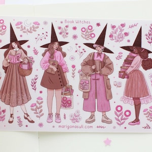 Foglio di adesivi impermeabili in vinile opaco "Book Witches" / Adesivi per diario, adesivi per album, adesivi per planner, adesivi magici, per la lettura