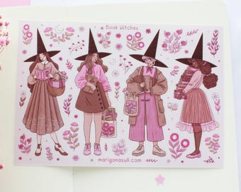 Hoja de pegatinas de vinilo mate impermeable de Book Witches / Pegatinas para diario, pegatinas para álbumes de recortes, pegatinas para planificadores, pegatinas mágicas, pegatinas de lectura