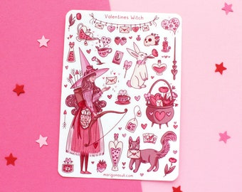 Valentines Witch  Sticker Sheet | Bullet Journal Stickers, Scrapbook Sticker, Planner Stickers, Witchcraft Sticker, Valentines Day Stickers