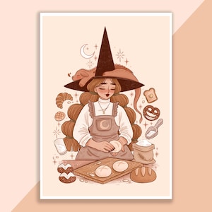 Backen Hexe Druck | Poster, Wanddeko, Kunstwerk, Hexenposter, Witchy Illustration, Herbst, Magisch, Drache, Bäckerei, Gemütlich, Fantasy