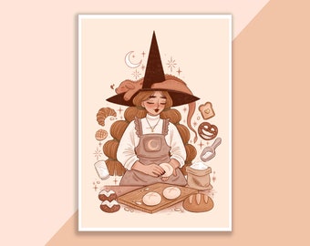 Baking Witch Print | Poster, Wall Decor, Artwork, Witch Poster, Witchy Illustration, Autumn, Magical, Dragon, Bakery, Cozy, Fantasy