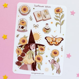 Sunflower Witch Sticker Sheet | Journal Stickers, Scrapbook Sticker, Planner Stickers, Witchy Sticker Sheet, Magical, Witch, Flowers