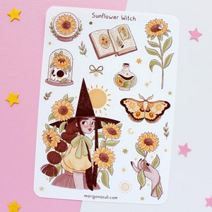 Hoja de pegatinas de brujas con girasoles / Pegatinas para diario, Pegatinas para álbumes de recortes, Pegatinas para planificadores, Hoja de pegatinas de brujas, Mágico, Bruja, Flores