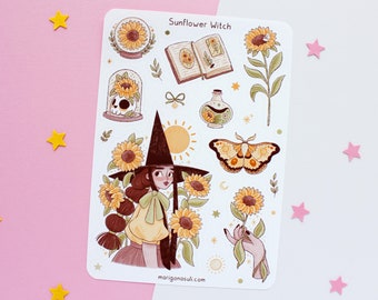 Feuille d'autocollants de sorcière de tournesol | Autocollants de journal, autocollant de scrapbooking, autocollants de planificateur, feuille d'autocollants de sorcière, magique, sorcière, fleurs