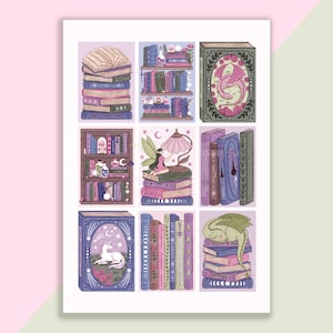 Könnte beinhalten: Ein Druck mit neun Illustrationen von Büchern und Bücherregalen. Die Bilder zeigen Bücherstapel, Bücherregale und einzelne Bücher mit skurrilen Designs, darunter ein Drache, eine Fee und ein Einhorn. Die Farbpalette umfasst Lila-, Rosa- und Grüntöne.