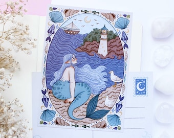 Mermaid Looking At A Lighthouse Postcard A6  | Greeting Card, Scrapbook, Penpal, Cozy Postcard, Magical, Witchy