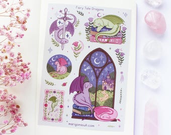 Fairy Tale Dragons Matt Vinyl Waterproof Sticker Sheet | Journal Stickers, Scrapbook, Planner, Witchy, Magical, Fairy Tale