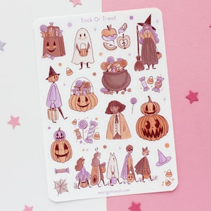 Feuille d'autocollants Trick Or Treat | Stickers pour carnet de voyage, Sticker scrapbooking, Stickers agenda, Feuille d'autocollants sorcière, Magique, Automne, Halloween