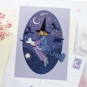 Witch Off On An Adventure Postcard A6  | Greeting Card, Scrapbook, Penpal, Cozy Postcard, Magical, Witchy, Celestial, Astronomy