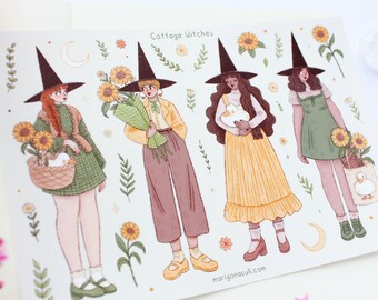 Cottage Witches Matt Vinyl Sticker Sheet | Journal Stickers, Scrapbook Sticker, Planner Stickers, Summer, Cottagecore, Sunflowers