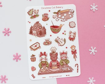 Christmas Cat Bakery Sticker Sheet | Journal Stickers, Scrapbook Sticker, Planner Stickers, Winter Sticker Sheet, Magical, Christmas