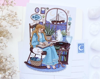 Reading By The Sea Postcard A6  | Greeting Card, Scrapbook, Penpal, Cozy Postcard, Magical, Witchy