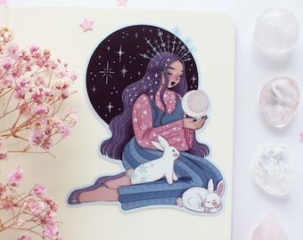 Celestial Girl Waterproof Matt Vinyl Sticker | Journal Sticker, Planner, Witchy Sticker, Magical, Witchy, Astronomy, Bunnies