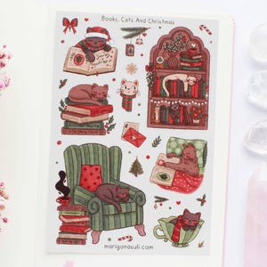Libri, gatti e Natale Foglio di adesivi in vinile opaco / Adesivi per diario, Adesivi per album, Adesivi per planner, Strega, Accoglienti, Invernali, Festivi