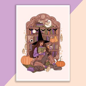 Gemütliche Lesezeit Druck | Poster, Wanddekor, Kunstwerk, Hexenposter, Witchy Illustration, Herbst, Halloween