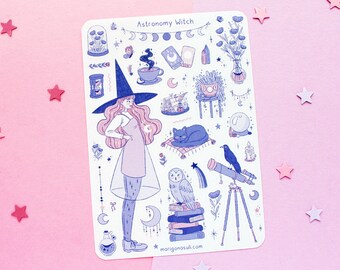 Astronomy Witch Sticker Sheet | Journal Stickers, Scrapbook, Planner Stickers, Witchy Sticker Sheet, Magical, Celestial, Zodiac