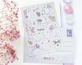 Postal de gatos de hadas A6 / Tarjeta de felicitación, Álbum de recortes, Amigo por correspondencia, Postal acogedora, Mágica, Bruja, Cuento de hadas