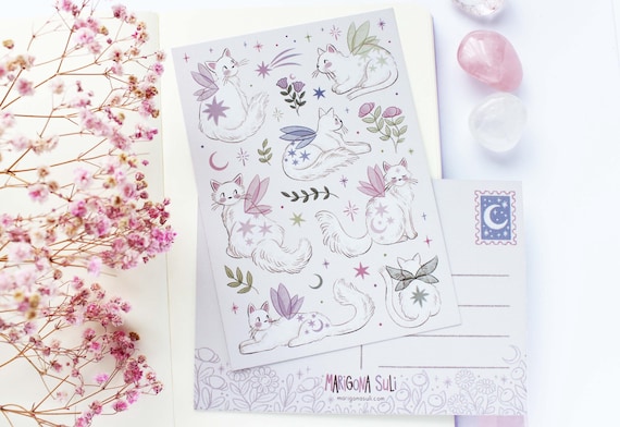 Fairy Cats Postcard A6  | Greeting Card, Scrapbook, Penpal, Cozy Postcard, Magical, Witchy, Fairy Tale