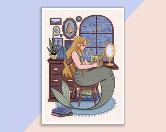 Reading Mermaid Print | Poster, Wall Decor, Artwork, Witch Poster, Witchy Illustration, Magical, Books