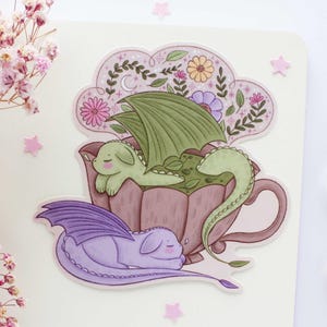 Adesivo in vinile opaco impermeabile "Dragons And Tea" / Adesivo per diario, planner, adesivo stregonesco, magico, stregonesco, ora del tè, fiori, primavera