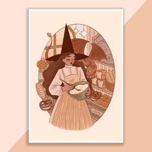 Backen Hexe und Drachen Druck | Poster, Wanddekor, Kunstwerk, Hexenposter, Witchy Illustration, Herbst, Magisch, Spooky, Bakery, Cozy