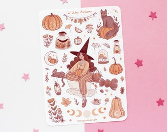 Witchy Autumn Sticker Sheet | Journal Stickers, Scrapbook Sticker, Planner Stickers, Witch Sticker Sheet, Magical, Autumn, Fall