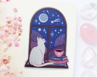 Starry Night Cat Waterproof Matt Vinyl Sticker | Journal Sticker, Planner, Witchy Sticker, Magical, Witchy, Celestial