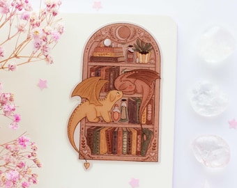 Dragons On A Bookshelf Waterproof Matt Vinyl Sticker | Journal Sticker, Planner, Witchy Sticker, Magical, Witchy, Reading, Books, Reader