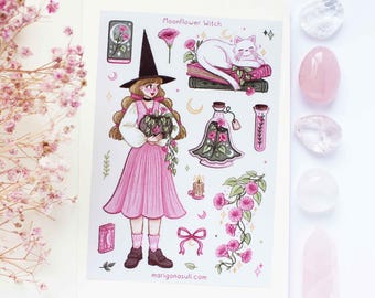 Moonflower Witch Matt Vinyl Waterproof Sticker Sheet | Journal Stickers, Scrapbook, Planner, Witchy, Magical, Fairy Tale, Celestial