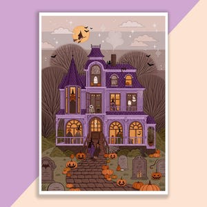 Impressão de casa mal-assombrada | Pôster, decoração de parede, arte, pôster de bruxa, ilustração de bruxa, outono, Halloween