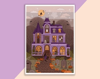 Spookhuisprint | Poster, Wanddecoratie, Kunstwerk, Heksenposter, Heksenillustratie, Herfst, Halloween